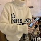 Long-sleeve High-neck Lettering Knit Sweater