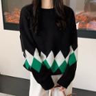 Round-neck Color Block Argyle Sweater