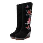 Genuine Suede Embroidered Fleece Lined Mid-calf Wedge Boots