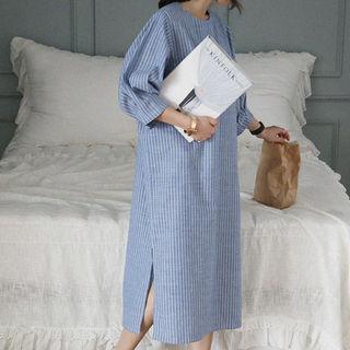 Puff-sleeve Stripe Long Shift Dress