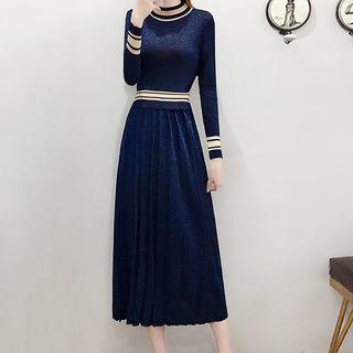 Set: Glitter Contrast Trim Sweater + Midi A-line Skirt