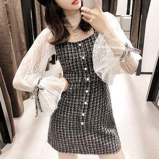Set: Long-sleeve Top + Sleeveless Mini Tweed Dress