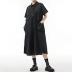 Contrast Stitching Midi A-line Shirt Dress Black - One Size