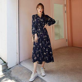 Open-placket Floral Maxi Dress With Sash Navy Blue - One Size