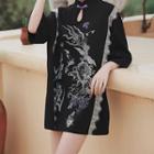 Elbow-sleeve Graphic Print Lace Trim Frog-buttoned T-shirt