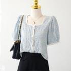 Square-neck Two Tone Floral Button-up Blouse
