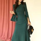 Slit-sleeve Asymmetric Knit Maxi Dress