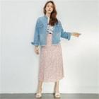 Mandarin-collar Fringed Denim Shirt Light Blue - One Size