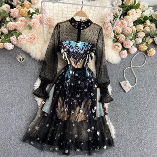 Puff-sleeve Printed Dotted Midi A-line Mesh Dress