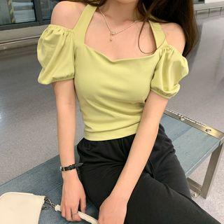 Puff-sleeve Off-shoulder Halter Neck Top Green - One Size