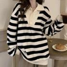 Polo Collar Stripe Loose Fit Sweatshirt Stripes - Black & White - One Size