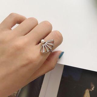 925 Sterling Silver Faux Pearl Fan Open Ring K698 - Silver - One Size