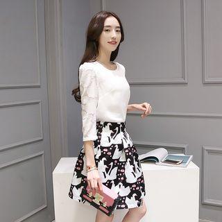 3/4-sleeve Printed Panel Dress