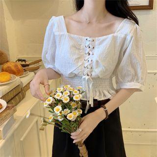 Short-sleeve Plain Lace-up Cropped Blouse