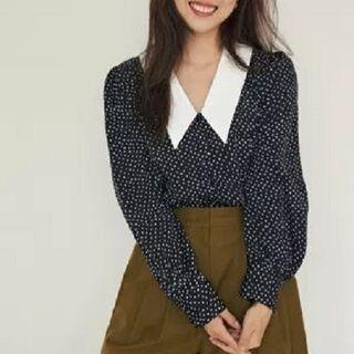 Puff-sleeve Dotted Blouse White Dot - Black - One Size