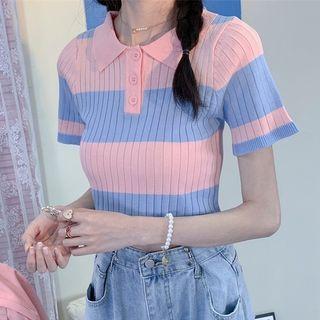 Two-tone Knit Polo Shirt Pink & Blue - One Size