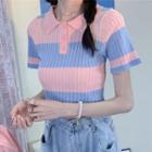 Two-tone Knit Polo Shirt Pink & Blue - One Size