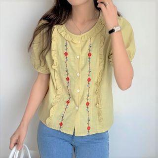 Puff-sleeve Ruffle Trim Floral Embroidered Blouse