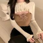Mock Two-piece Long-sleeve Frill Trim Bow Knit Top Off-white & Brown - One Size