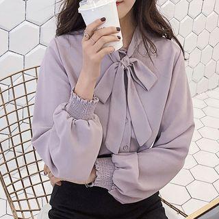 Puff-sleeve Tie-neck Shirt