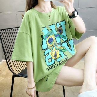 Oversize Elbow-sleeve Ripped Printed T-shirt