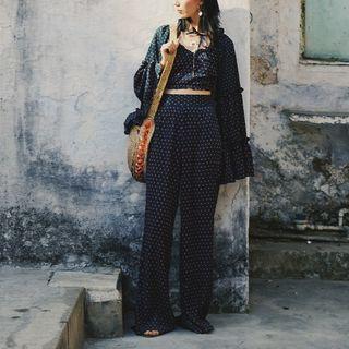 Set: Bell Sleeve Dotted Cropped Top + Wide-leg Pants