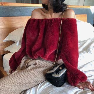 Furry Off-shoulder Loose-fit Top Red - One Size