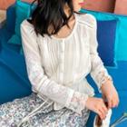 Lace Trim Long-sleeve Pintuck Blouse / Floral Panel Maxi A-line Skirt