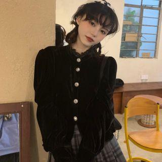 Faux Pearl Lace Trim Button Jacket Black - One Size