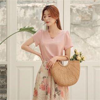 Tall Size Puff-sleeve Faux-pearl Trim Top