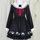 Embroidered Sailor Collar Pleated Dress
