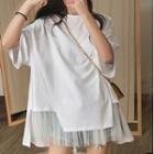 Mock Two-piece Elbow-sleeve Mesh Trim T-shirt