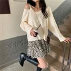 Long-sleeve Cold Shoulder T-shirt / Leopard Print Mini A-line Skirt