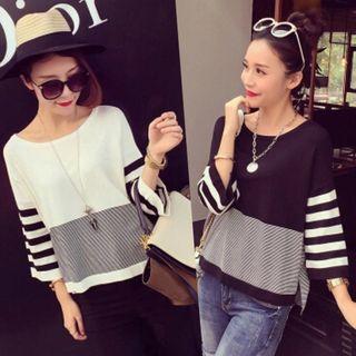3/4-sleeve Striped T-shirt Black - One Size