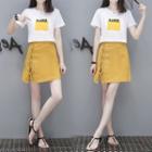 Set: Short-sleeve Lettering Print T-shirt + Lace-up A-line Mini Skirt
