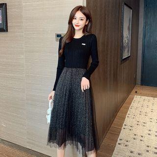Long-sleeve Knit Midi A-line Mesh Overlay Dress