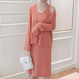 Set: Sleeveless Midi Knit Dress+ Plain Cardigan