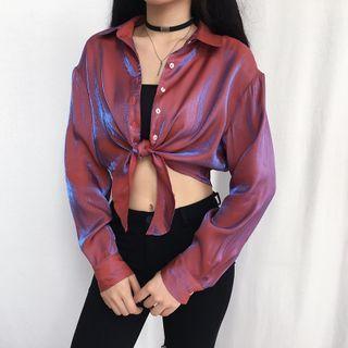 Long-sleeve Tie-front Iridescent Shirt