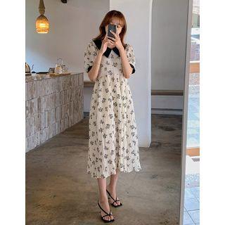 Contrast-collar Pleated Long Floral Dress Ivory - One Size