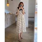 Contrast-collar Pleated Long Floral Dress Ivory - One Size