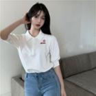 Cherry Embroidered Puff-sleeve Cropped Polo Shirt White - One Size