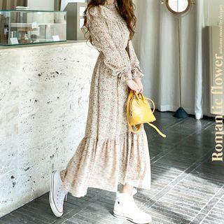 Smocked-neck Frilled Maxi Floral Dress