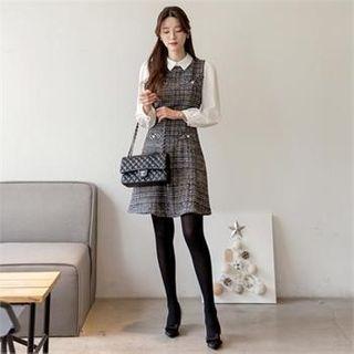 Inset Plain Blouse Sleeveless Plaid Dress