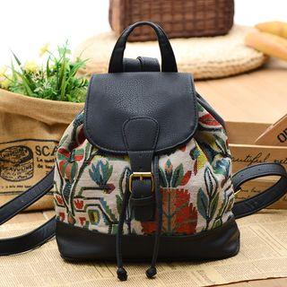 Floral Print Canvas Buckled Faux Leather Backpack