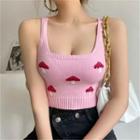 Square-neck Mushroom Embroidered Crop Knit Top