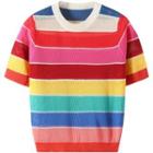 Short-sleeve Rainbow Block Knit Top Red & Pink & Yellow - One Size
