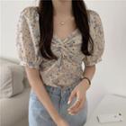 Puff-sleeve Floral Print Twist-front Top
