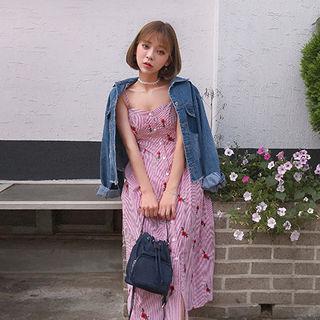 Spaghetti-strap Flower Embroidered Midi Dress