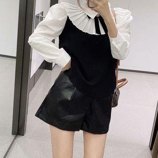 Long-sleeve Frill Trim Two-tone Blouse