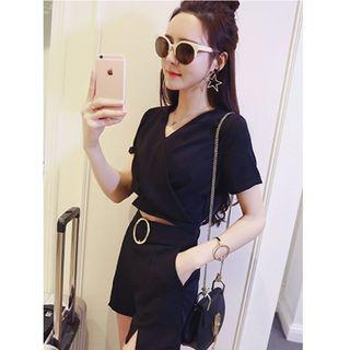 Set: Plain Short Sleeve Blouse + High Waist Shorts